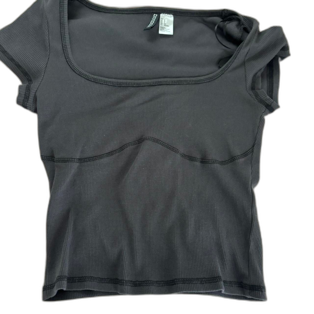 H&M Detailed Ribbed Square Neck Medium Women's Black and Grey T-Shirt